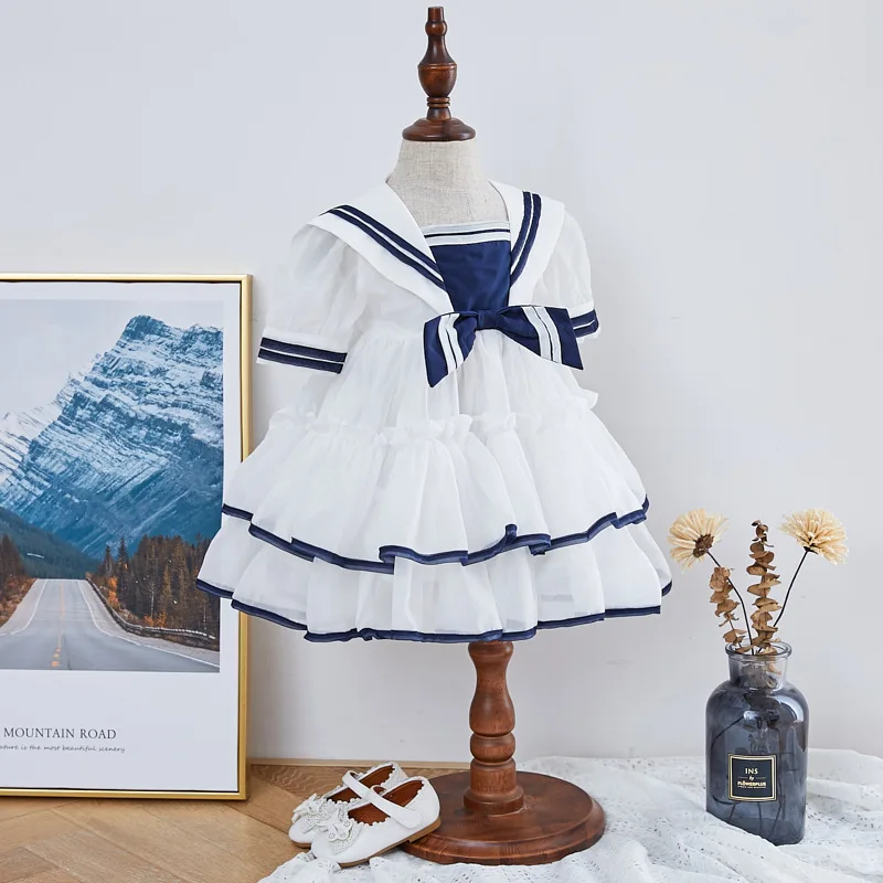 

Children Spanish Boutique Dress Girl Baby Designer Dresses Toddler Girls Navy Style Frocks Infant Birthday PPD003