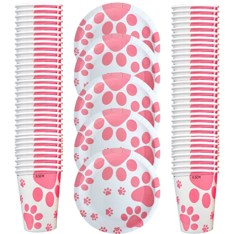 

60pcs/lot Pink Dog Paw Print Theme Tableware Set Happy Birthday Party Plates Cups Decorations Baby Shower Events Supplies