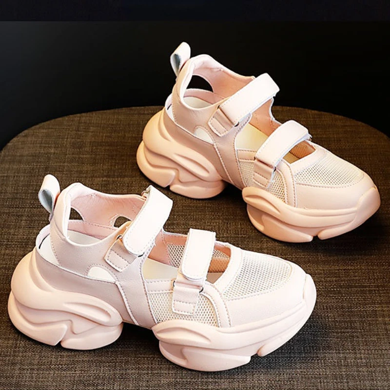 7cm Genuine Leather Air Mesh Women Breathable Sandals Chunky Sneakers Hollow 2023 New Summer Ladies Platform Wedge Pop Shoes