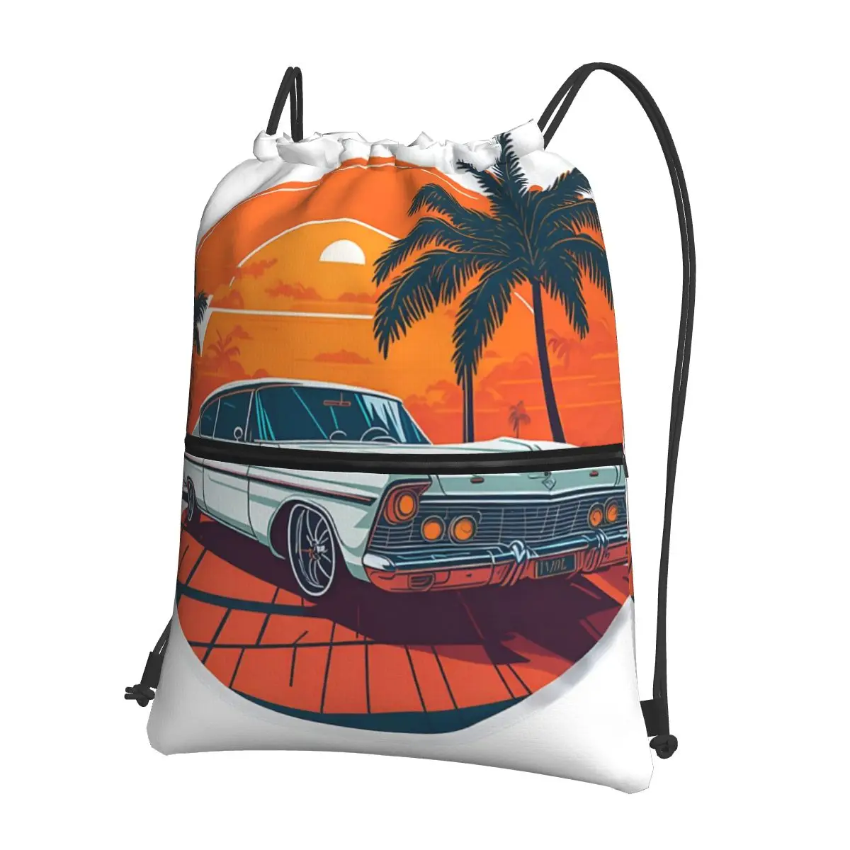 

A Beautiful Classic Car In Miami Street Portable Backpacks Drawstring Bag Drawstring Bundle Pocket Shoes Bags For Travel Sport