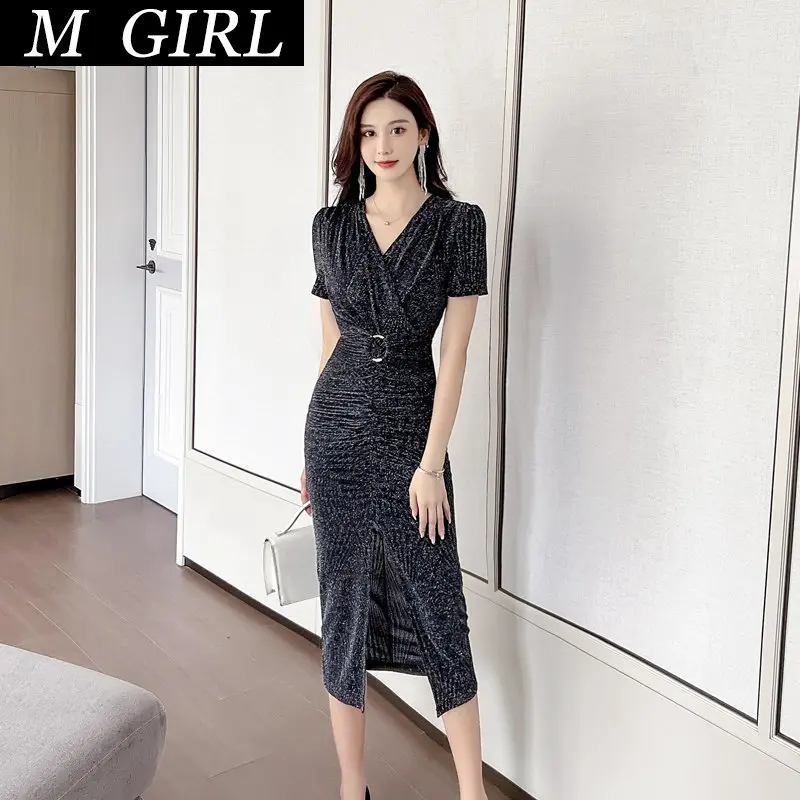 M GIRLS Hip Wrap  for Summer Woman Dress 2022 Fashion Women V-neck Black Elegant Knitted Short Sleeves  Clothing Traf