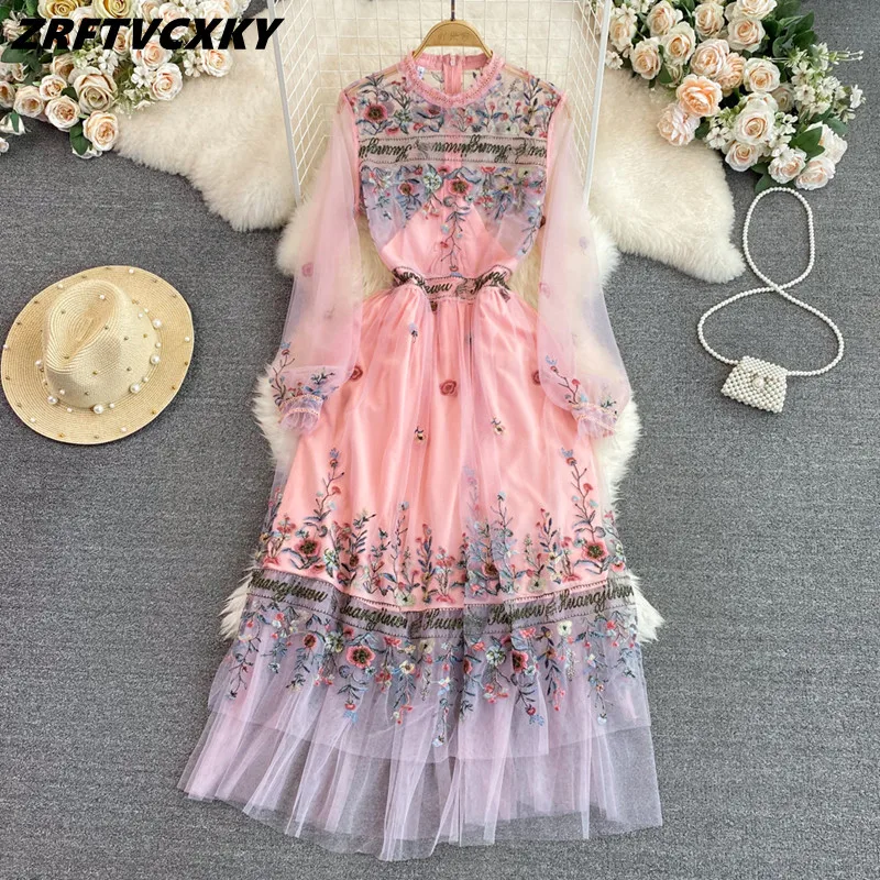 Fashion Luxury Flower Embroidery Mesh Dress Women Runway Elegant Stand Collar Spring Long Sleeve Vintage Tulle Party Vestidos