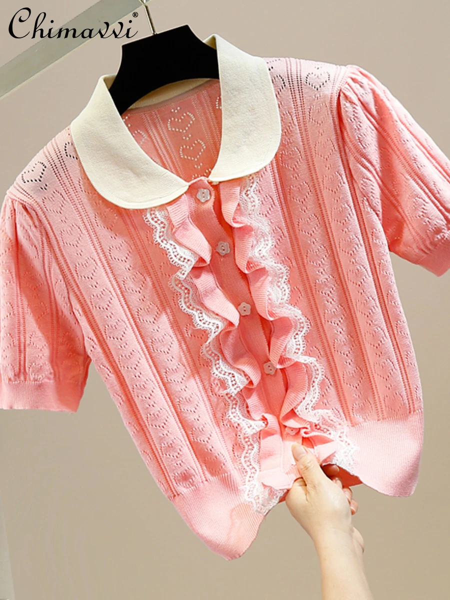 

Fashion Color Contrast Pleated Lace Fungus Lacework Stitching T-shirt 2022 Summer New Sweet Cutout Short Sleeve Knitted Tops