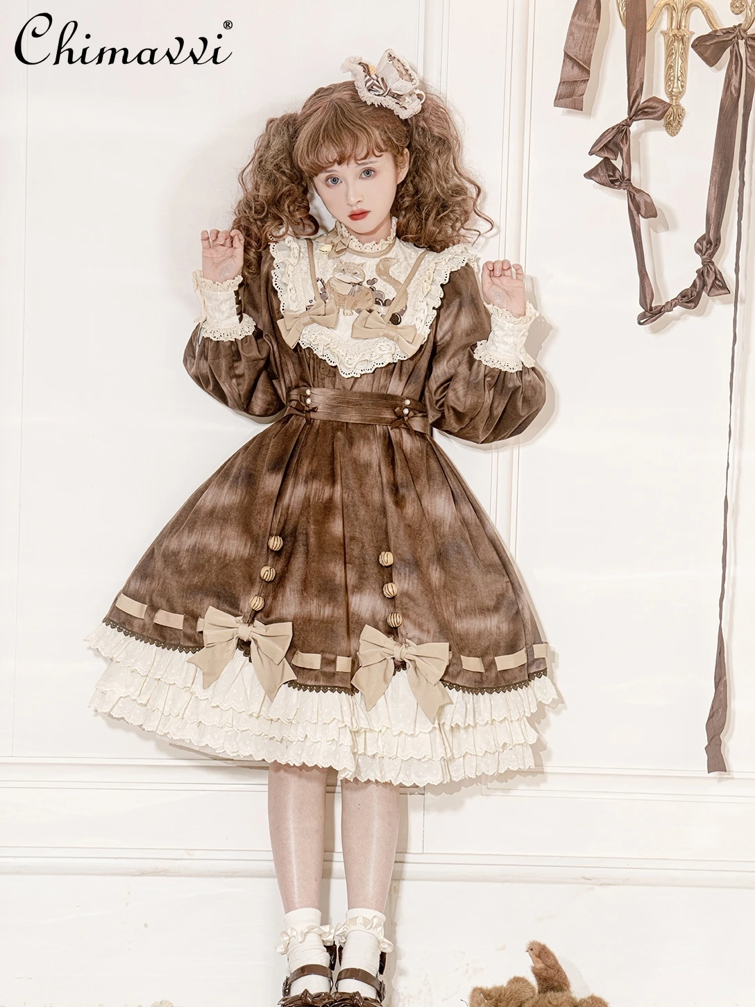 이불 Lolita sukienka z długimi rękawami jesienno-zimowa nowa dziewczęca kontrastowe kolory śliczna studencka Kawaii wysokim stanem słodka