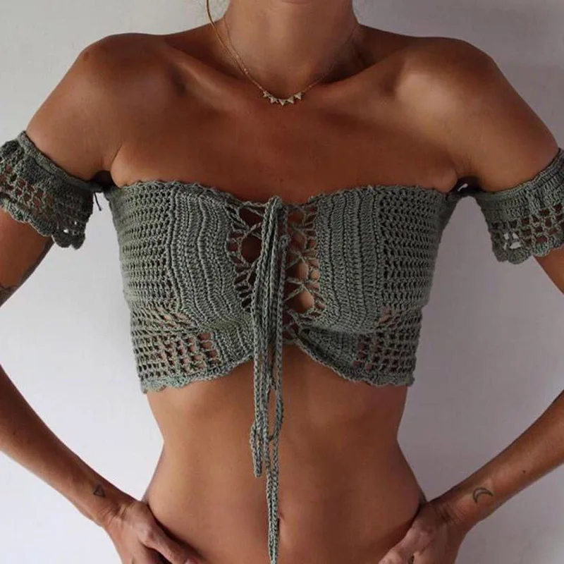 

Bandage Hollow-out Tassel Swimsuit With Sleeves Summer Crochet Lace Top Swimwear Women Bikini Top