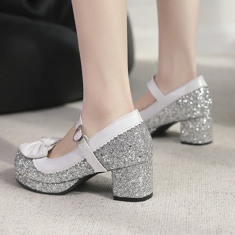 Girl Mary Jane Dress Glitter Shoes Bowknot Princess Cosplay Platform Chunky Heel for Wedding Party Women Dance Pumps Plus Size