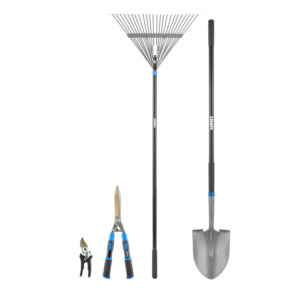 

HART Garden Tool Starter Kit - Digging Shovel, Leaf Rake, Hedge Shears, 5/8" Bypass Hand Pruner
