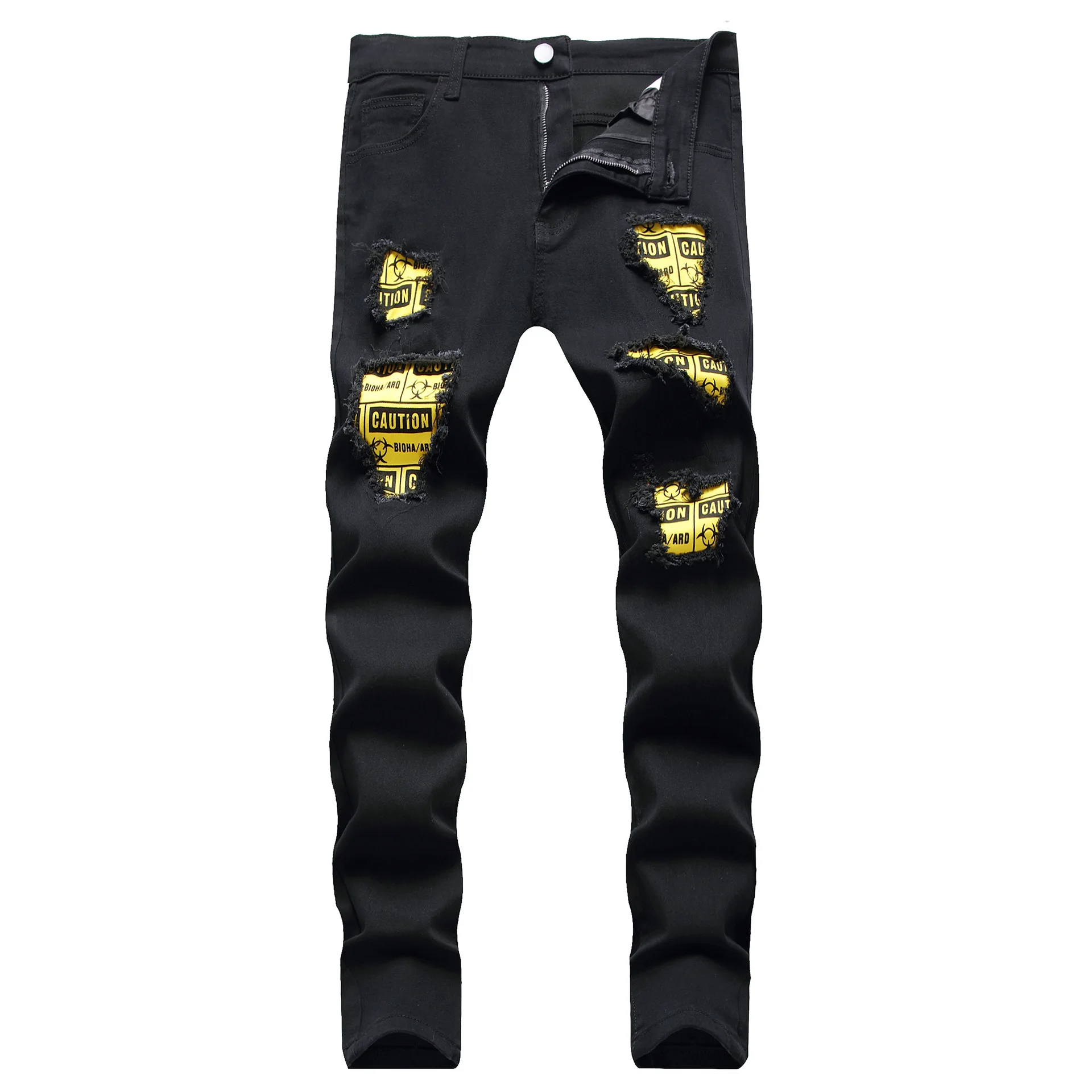 Men's Ripped Skinny Patch Print Casual Jeans Teen's Hip Pop Holes Destroyed Pencil Pants Men Summer Stretchy Biker Slim Jeans