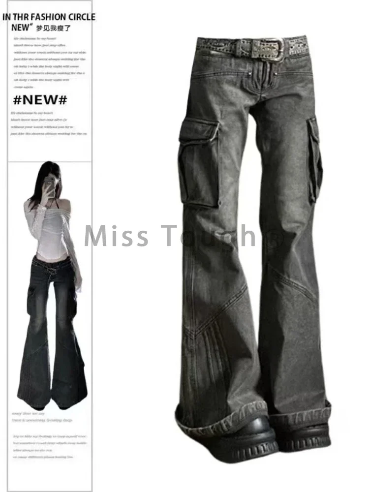Джинсы с низкой талией и карманами 2000-х годов женские модные широкие