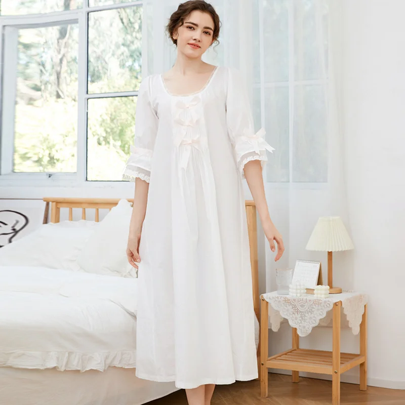 Spring Womens Nightdress Cotton Bow 3/4 Sleeve Sleepshirt Lace Thin Nightgown Loose Comfy Casual Breathable Sleepdress Plus Size
