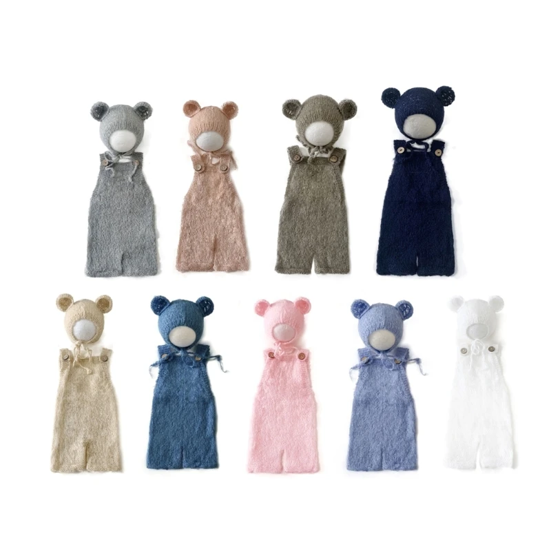 

Lovely Newborn Photography Props Boys Girls Outfits Mohair Bear Hat Bonnet & Romper Bodysuit Photoshoot Costume Set 40JC
