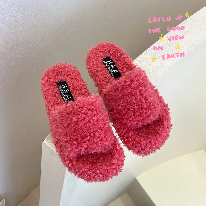 

Female Shoes Low Flock Winter Woman Slipper Platform Rubber Flip Flops Raccoon Fur Slides 2022 Hawaiian Soft Plush Massage PU Ho