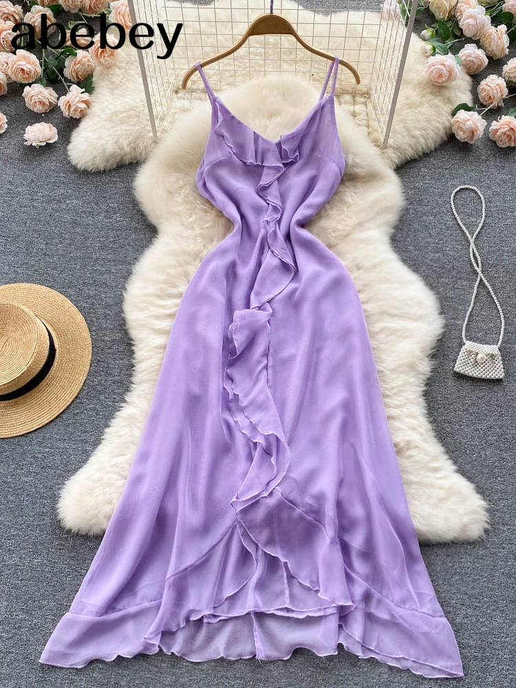 

Solid Vacation Women Beach Dress 2022 Summer Fashion V Neck Sleeveless Ladies A line Ruffled Maxi Long Dresses