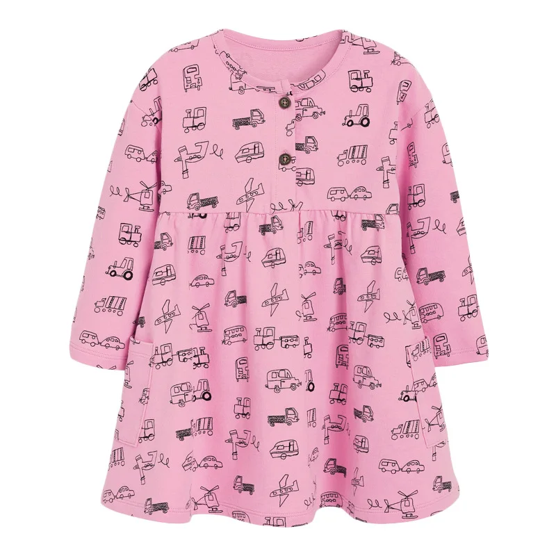 

YUSHI Girls Dress Kids Pink Cartoon Pritned Long Sleeve Dresses Baby Girl Spring Fall Clothes for 2-7 Years