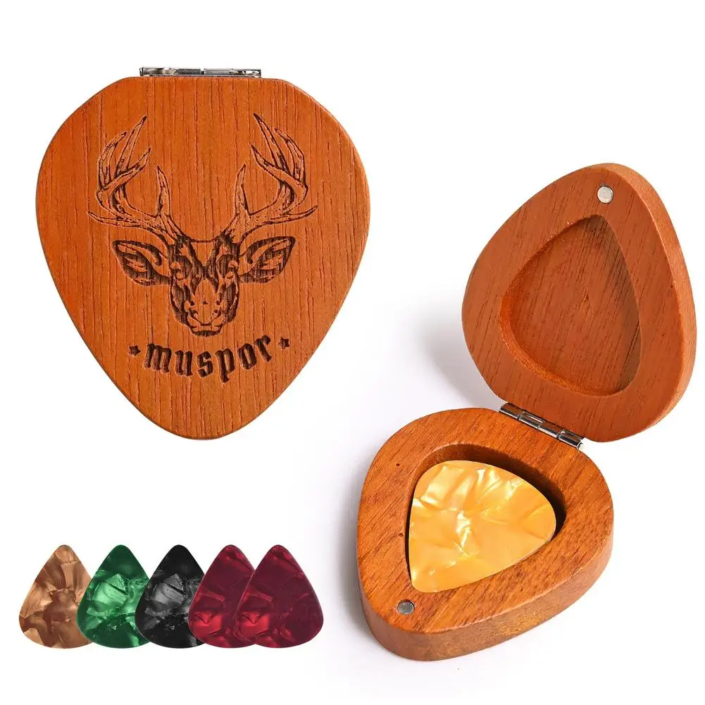 

Wood Guitar Pick Holder Pick-Shaped Guitar Storage Plectrum Container Display Case With 5 PCs Colorful Guitar Picks