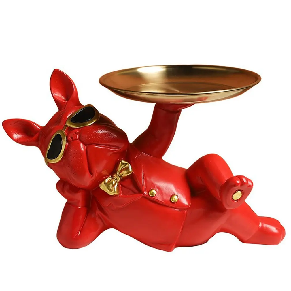 

French Bulldog Carving Resin Puppy Dog Figurine Desktop Decorative Piggy Bank With Stainless Steel Dish For Home Storage