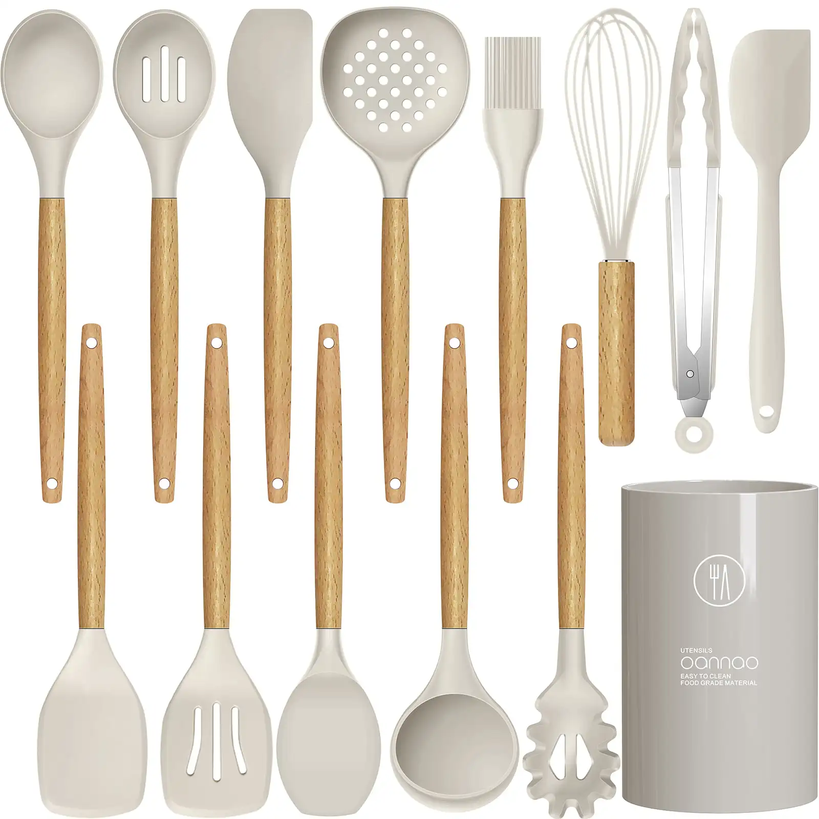 

Silicone Cooking Utensils Kitchen Utensil Set - 446°F Heat Resistant,Turner Tongs,Spatula,Spoon,Brush,Whisk. Wooden Handles Kha