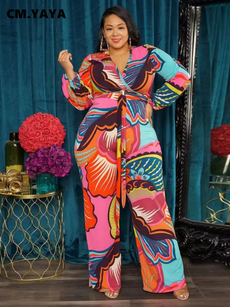 

Женский элегантный комбинезон CM.YAYA, блестящий костюм с абстрактным принтом, длинным рукавом, поясом и V-образным вырезом