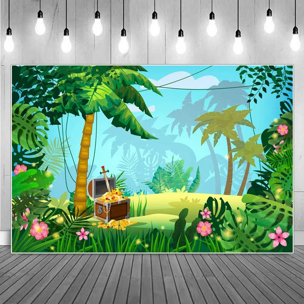 

Boys Treasure Birthday Photography Backdrop Jungle Forest Decoration Kids Spring Palm Tree Flowers Party Studio Photo Background