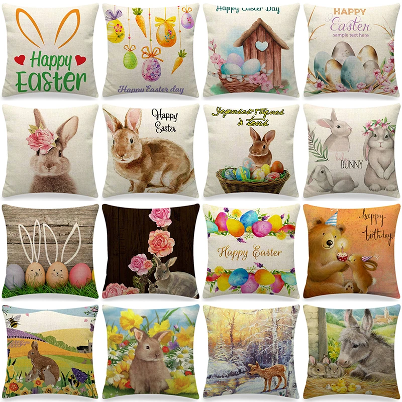 

Spring Easter Decorative Cushion Cover 18x18in Pillow Covers Farmhouse Home Decor Cushion Case Eggs Bunny Linen Throw Pillowcase