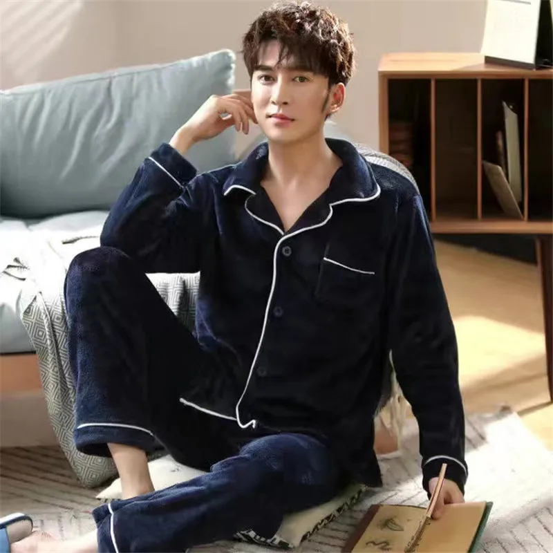 Flannel 2 Piece /Set Pajamas Sets For Men Winter Thick Warm Long Sleeve Home Clothes Sleepwear Suit Turn-Down Collar Pyjamas