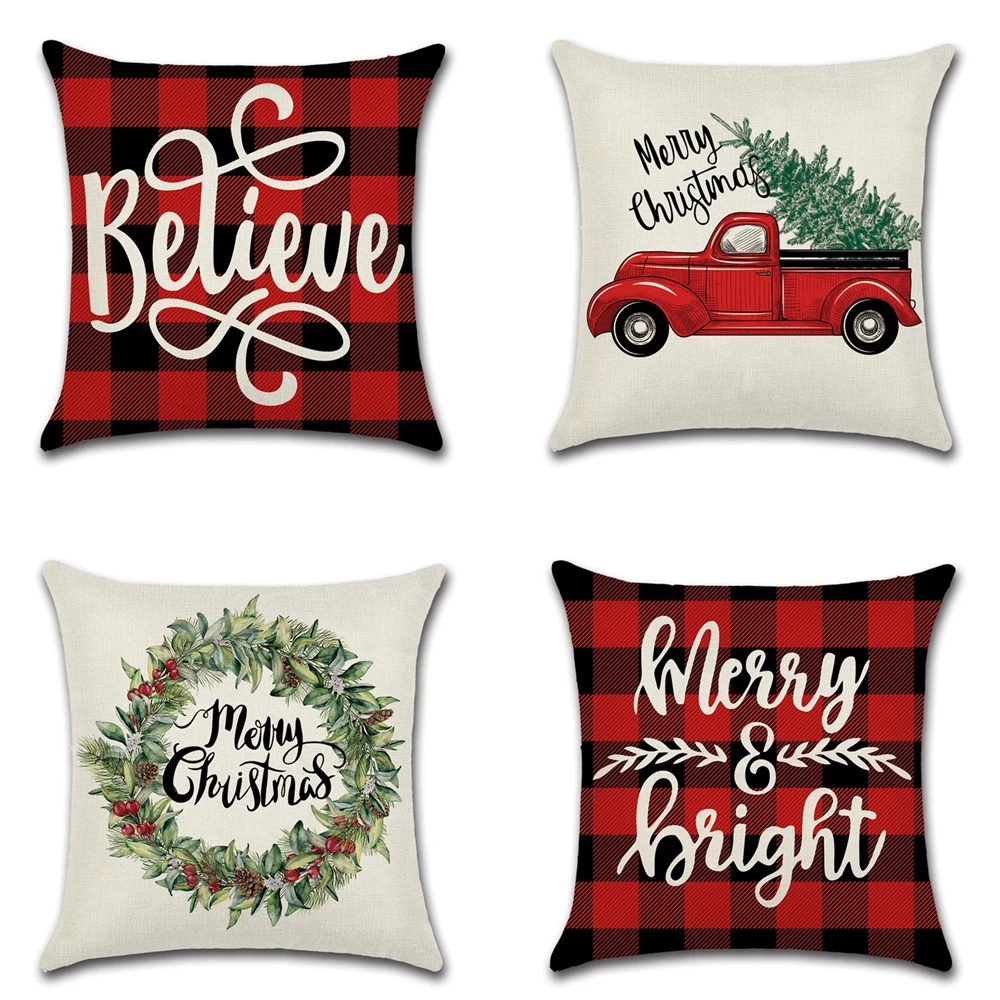 

Christmas cushion cover 45*45 Pillowcase sofa cushions Pillow cases Cotton Linen Red plaid pillow covers Home Decor