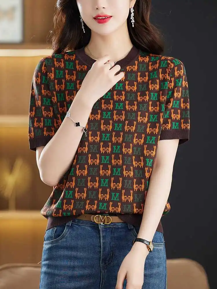 Thin Short sleeve T-shirt Middle-Aged Mother Western Sle Ice Silk Knit Summer Clothing Slimming Belly Covering Top Women Lo... |