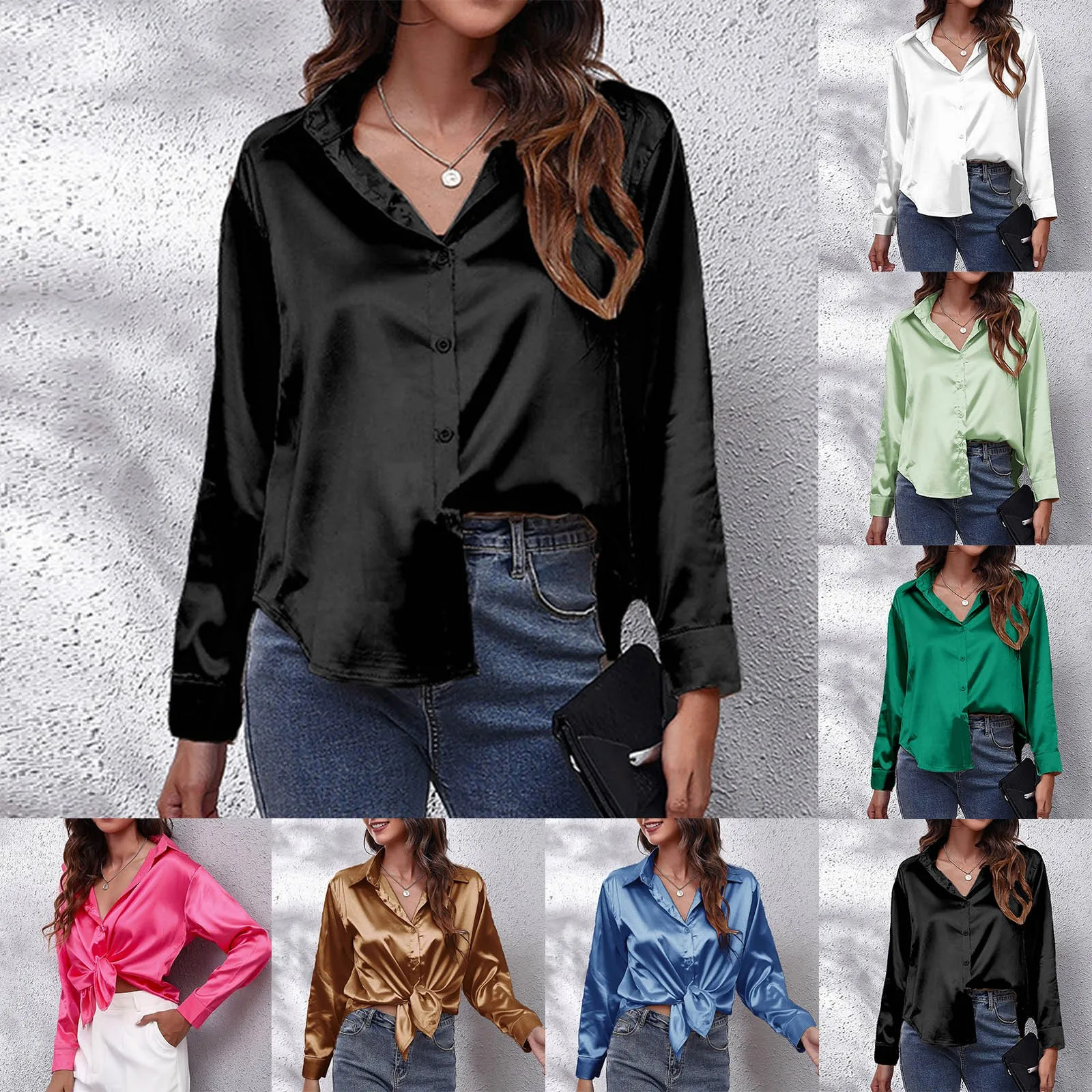 

Satin Shirt Women's Satin Imitation Silk Long Sleeved Solid Shirts Breathable Elegant Work Wear Fashion Shirts Tops Lapel