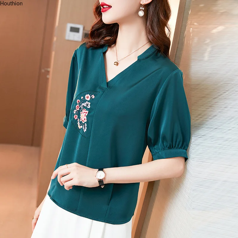 

Satin Women's Blouses New Casual Fashion Short Sleeve Top Flower Embroidery V-neck Pullover Summer Female Clothes