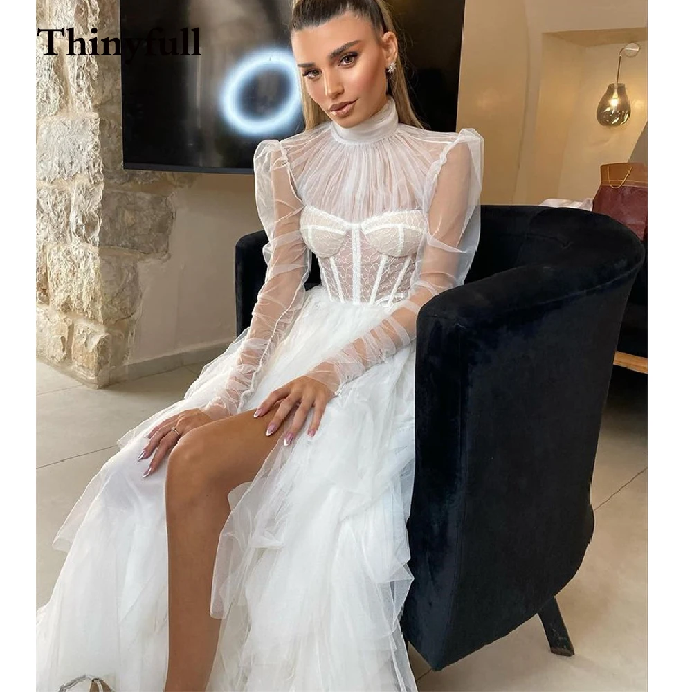 

Элегантное кружевное свадебное платье Бохо с высоким воротником и длинным Боковым Разрезом с длинными рукавами ТРАПЕЦИЕВИДНОЕ пляжное пла...