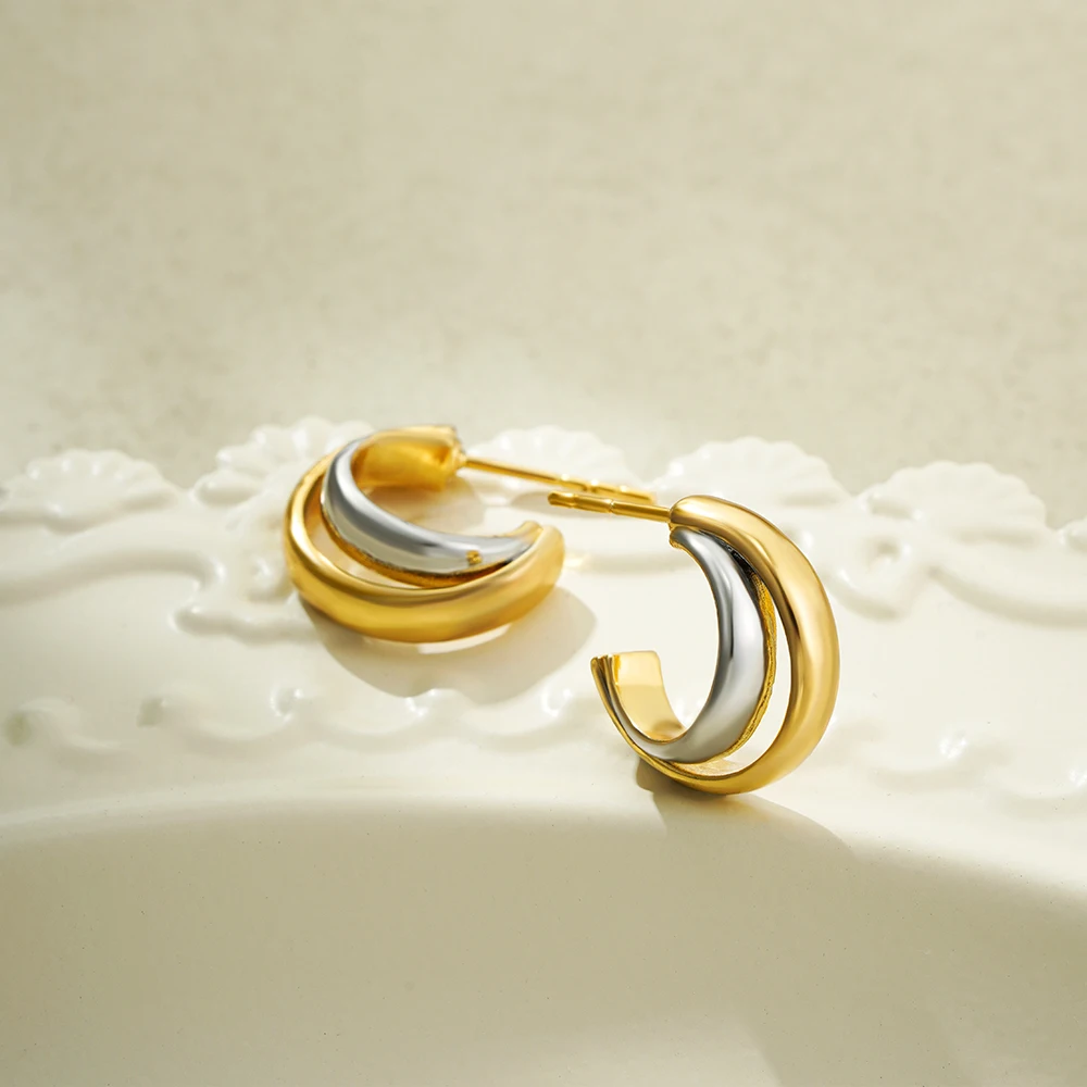 Женские двойные круглые серьги-кольца винтажные золотистые/Серебристые из