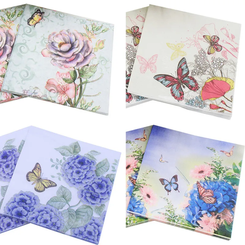 

20Pcs/Pack 33x33cm Disposable Butterfly Flower Printed Table Dinner Tissue Napkins Paper Wedding Party Decor