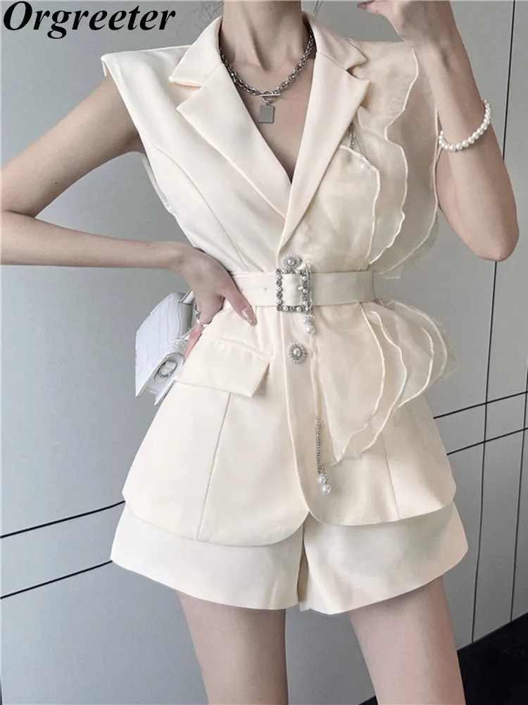 

Office Lady Elegant Suit Female Summer New Notched Sleeveless Ruffles Slim Belt Vest Jacket + Wide leg Shorts Sets 2 Piece Sets