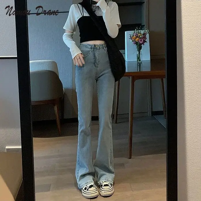 

Pale Blue High-waisted Flared Jeans Women's Autumn/winter 2021 Skinny-toned, Wide-legged, Floor-length Horseshoe Pants