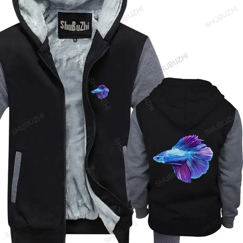 

men winter warm black hoody Blue Betta Fish male thick hoodies euro size fleece hoody male warm coat