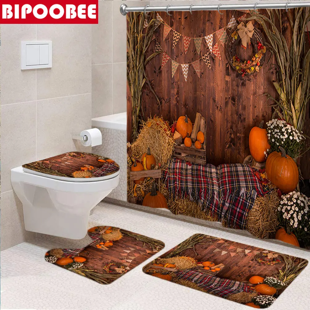 

Farmhouse Pumpkin Shower Curtain Bathroom Curtains Set Bath Mats Rugs Toilet Lid Cover Pedestal Non-Slip Carpet Home Decor