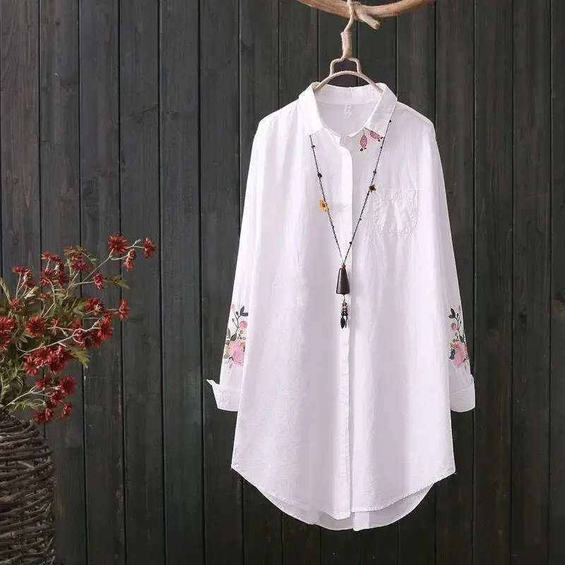 Korean Large Embroidery Flower  Shirt Women's Underlay Shirt Spring Long Shirt Women  tops  white shirt women