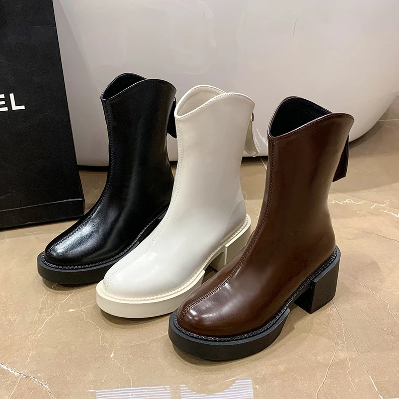 Autumn Genuine Leather Platform Women Round Toe Short Boot Shoes Ankle Elastic Boots Handmade Chunky Heightening Chelsea Boots