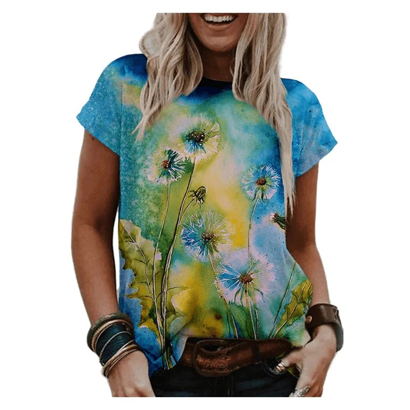 Футболка женская летняя с круглым вырезом топ коротким рукавом и 3D-принтом