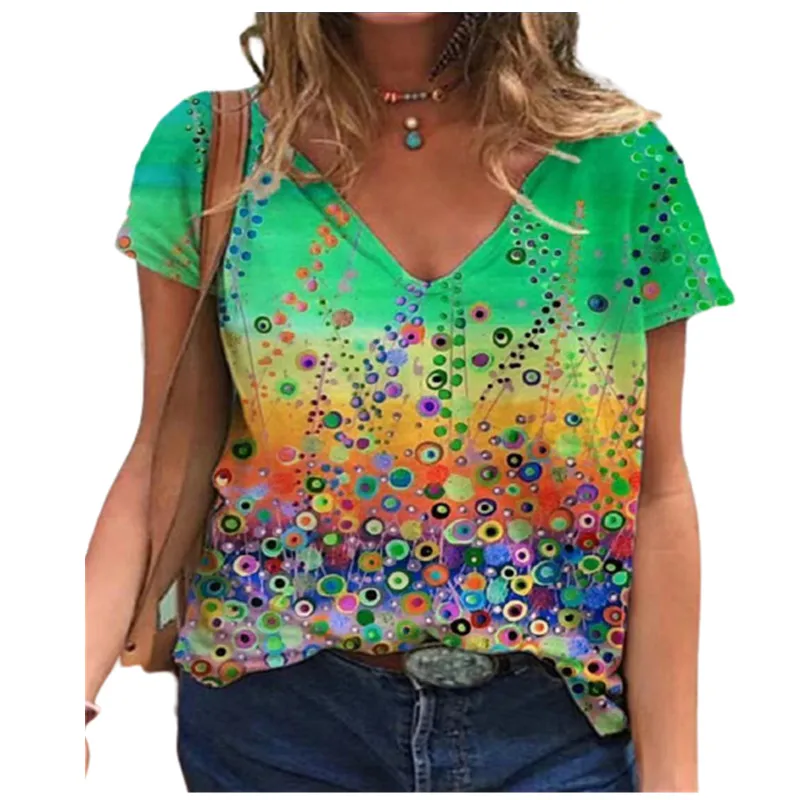 

2022 Women Tie-Dye Print T-shirt Casual Loose V-Neck Short Sleeve Plant Flowers Plus Size 3XL