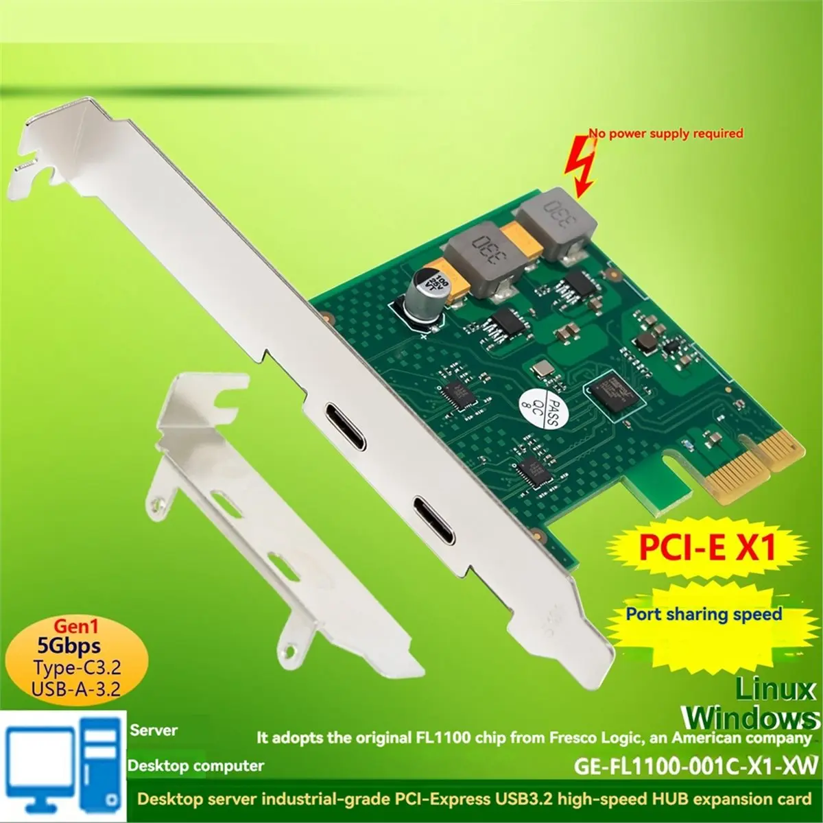 Фото НОВИНКА! USB3.0 PCI-E карта расширения USB-C Gen1 HUB-адаптер 5.0 Гбит/с на чипе FL1100, без дополнительного питания №2