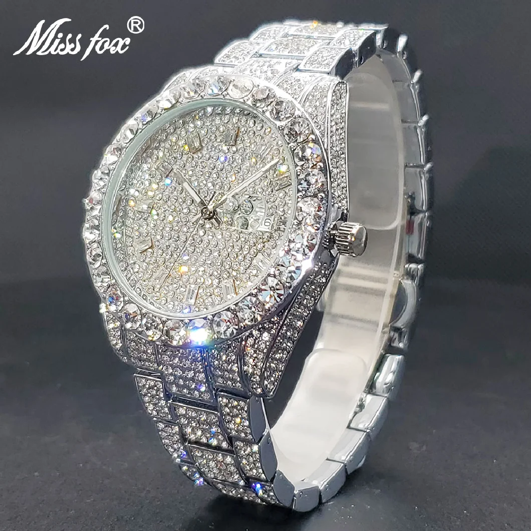 

Luxury Watch Man Fashion Iced Drop Diamond Large Men's Watches 42mm Case With Calendar Luminous Hand Clock Power By Battery