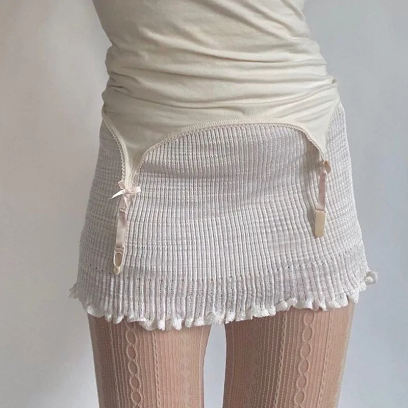 

2023 Summer New Women Clothing Hollow Solid Color White High Waist Slimming Wooden Ears Tight Mini Short Skirt Streetwaer