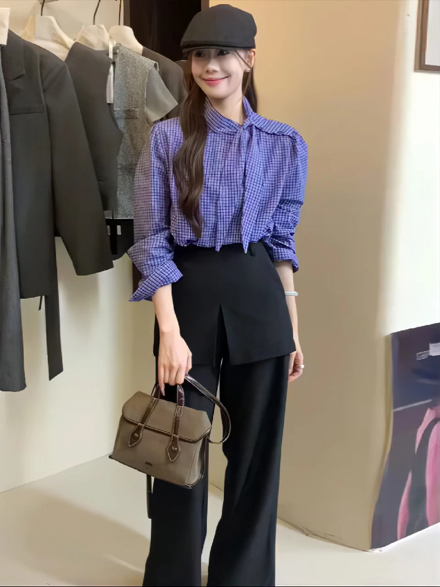 Корейские рубашки с длинными рукавами в стиле ретро заячьими ушками синие