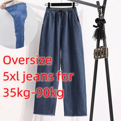 Elastic High Waist Ankle-Length Straight Jeans For Women Oversize 5xl Baggy Wide Leg Denim Pant Casual Vaquero Korean Pantalones