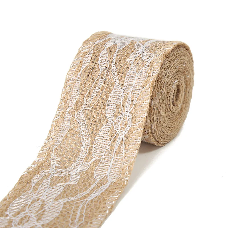 2 meter Jute Burlap Hessian Ribbon with Lace Trims Tape roll vintage rustic wedding decoration mariage wedding cake topper images - 6