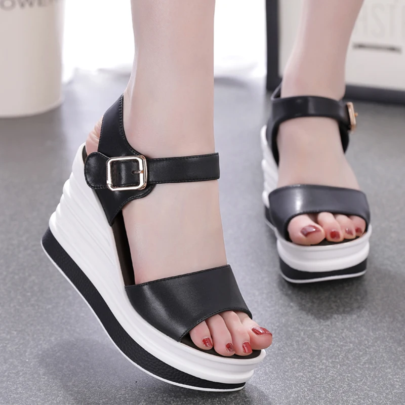 Fashion Women Sandals Height Increasing Genuine Leather Female Sandals Buckle Summer Back Strap Casual Shoes Free Shipping 2023