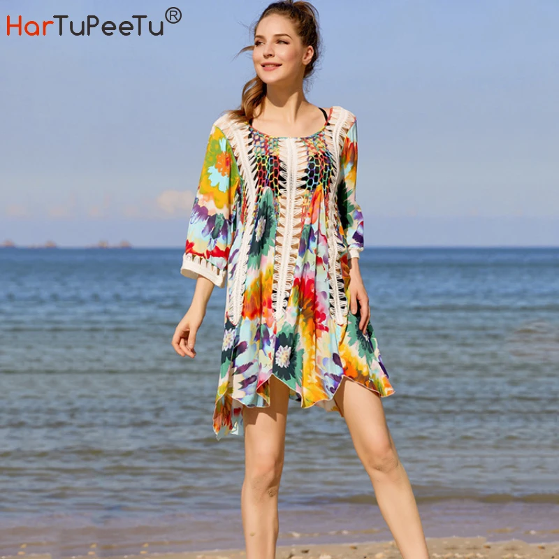 

Colourful Print Bikini Cover Ups Women Summer 2022 Beach Dress Patchwork Hollow Out Crochet Wave Hem Loose Long Cape Vestido