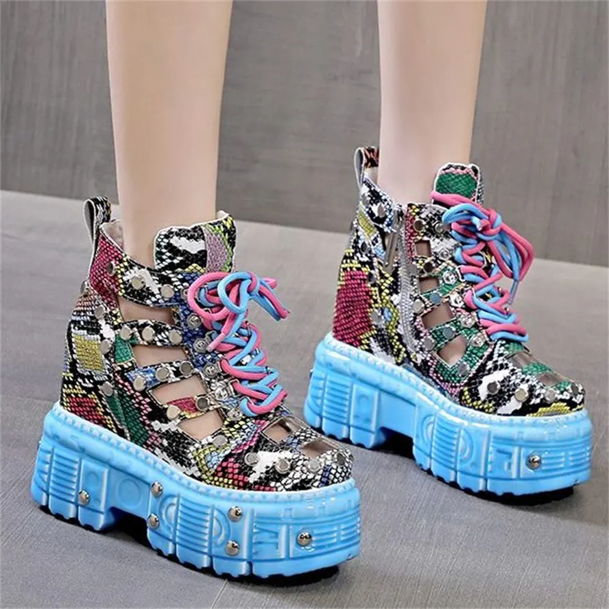 Thick Sole Height Increasing Platform Pumps Women's Snake Pattern Cow Leather Ankle Boots Sandals Wedge High Heels Party Shoe