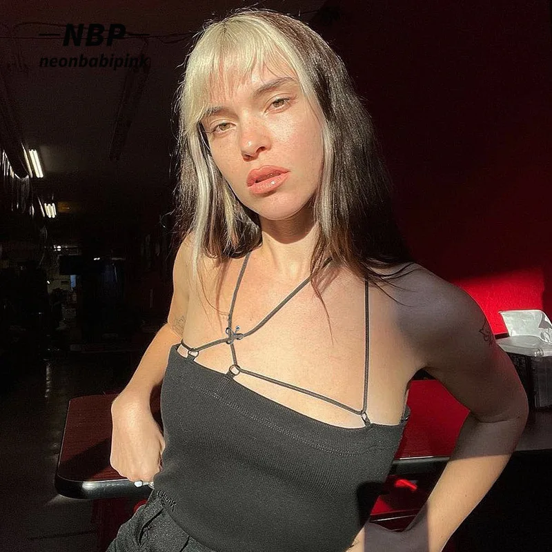 

NEONBABIPINK Асимметричный топ на бретельках с перекрестной лямкой через шею уличная одежда Y2k Cami женская модная одежда сексуальные черные майки